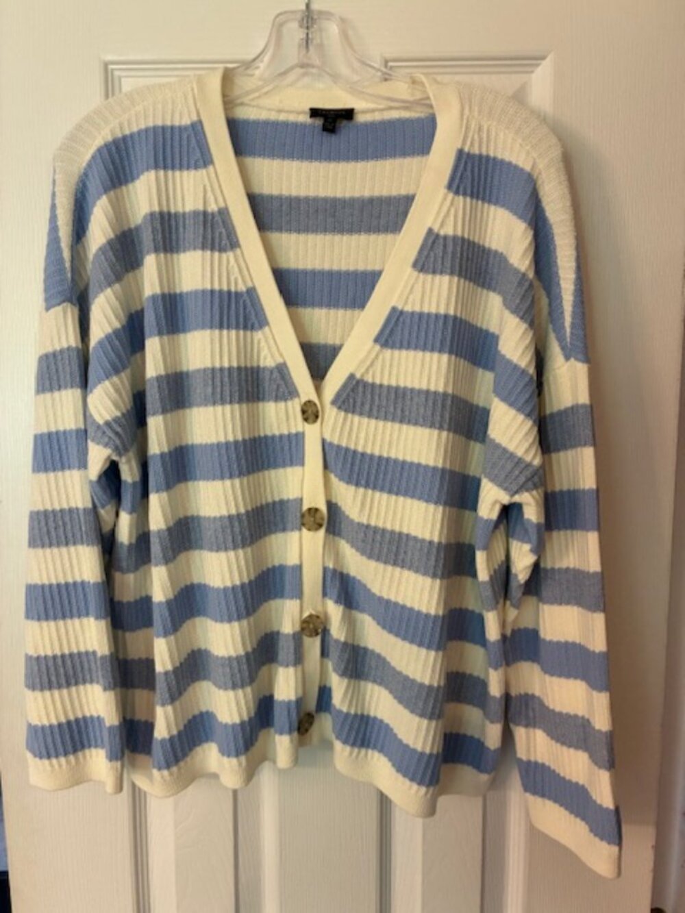 Talbots Women's Plus White Blue Stripes 3/4 sleeves Cardigan Sweater Size 2X